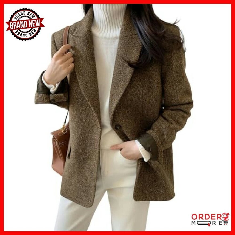 Wool Blend Blazer Jacket Women's Business Casual Mid Thigh Length - Picture 2 of 8